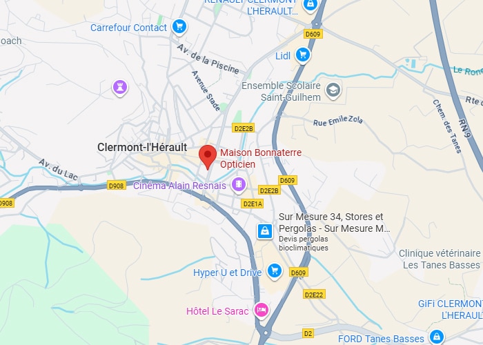 Clermont-l'Hérault: Maison Bonnaterre Opticien sur carte détaillée Carte de Clermont-l'Hérault centrée sur Maison Bonnaterre Opticien. Visible: D908, D609, Cinéma Alain Resnais, Hyper U, Lidl.
